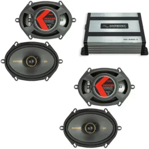 HA-A400.4 Alloy 4-Channel 800W Speaker Sub Amp and Kicker 47KSC6804 6×8″ Coaxial 300W Peak Range Speakers
